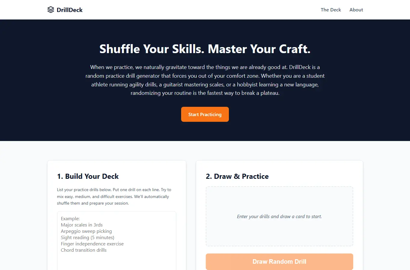 Screenshot of DrillDeck: Skill Randomizer interface showing the project page in use